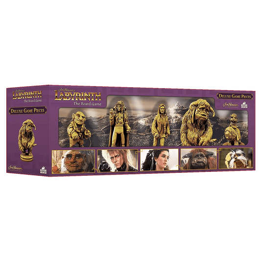 A purple box for ALC Studio’s Labyrinth Deluxe Game Pieces features gold tokens and images of the Goblin King, a girl, and fantasy creatures from Jim Henson’s classic film.