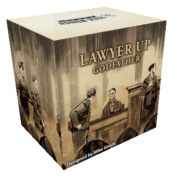 A sepia-toned game box from Rock Manor Games features a Prohibition-era courtroom for Lawyer Up: Godfather Expansion, evoking Mafia intrigue. Designer Mike Gnade is credited at the bottom.
