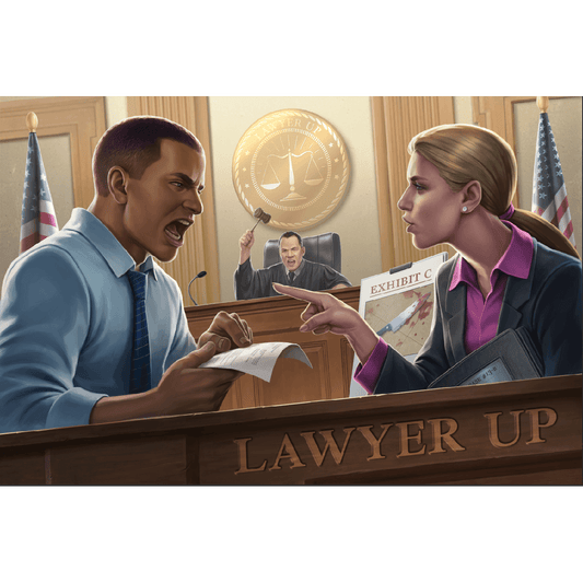 A man and woman argue at a courtroom bench labeled "LAWYER UP" while a judge raises his gavel, highlighting the tense legal battles of Rock Manor Games’ Lawyer Up card game. American flags and legal documents set the dramatic scene.