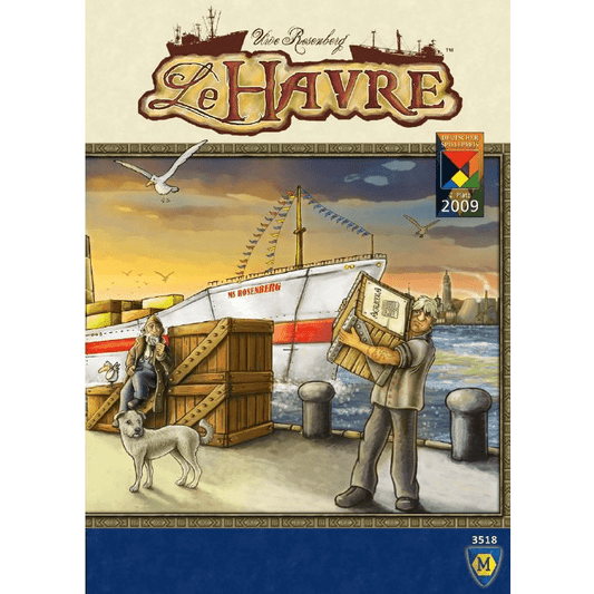 The Mayfair Games board game Le Havre’s cover features a man with a crate, a woman and dog, wooden crates, a docked harbor ship, and flying seagulls. The title and awards appear at the top.
