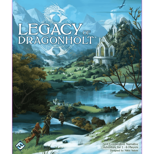 The cover of Legacy of Dragonholt by Fantasy Flight Games features adventurers gazing over a lush valley with a river, mountains, and grand stone building, set in a snow-dusted foreground with a dragon emblem for an immersive fantasy feel.