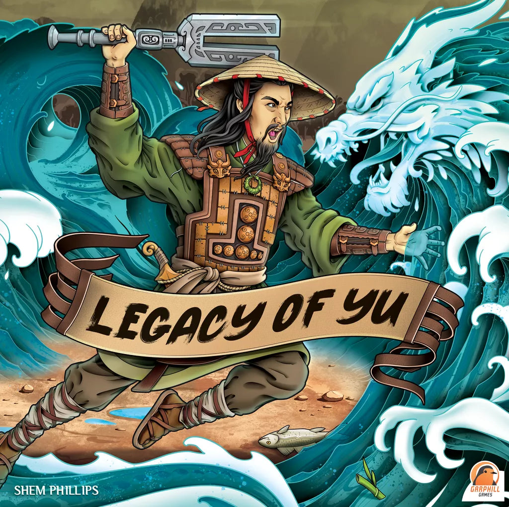 A warrior in ornate armor and a straw hat wields a sword, facing a fierce water dragon amid swirling blue waves. A banner reads Legacy of Yu, an epic Xia Dynasty solo campaign game by Garphill Games.