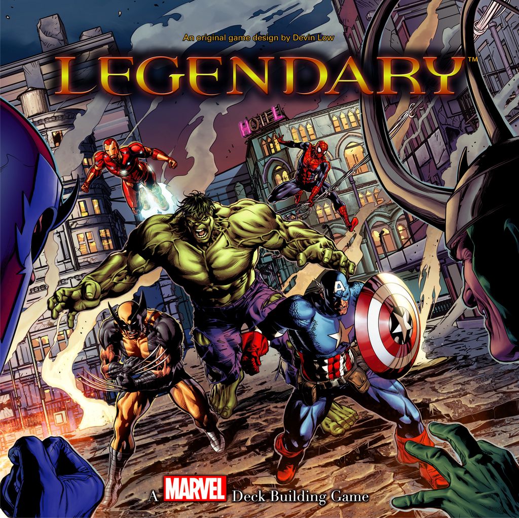 Comic-style artwork features Hulk, Wolverine, Iron Man, Spider-Man, and Captain America fighting villains on a city street. The title "Legendary: A Marvel Deck Building Game" by Upper Deck Entertainment appears above and below the scene.