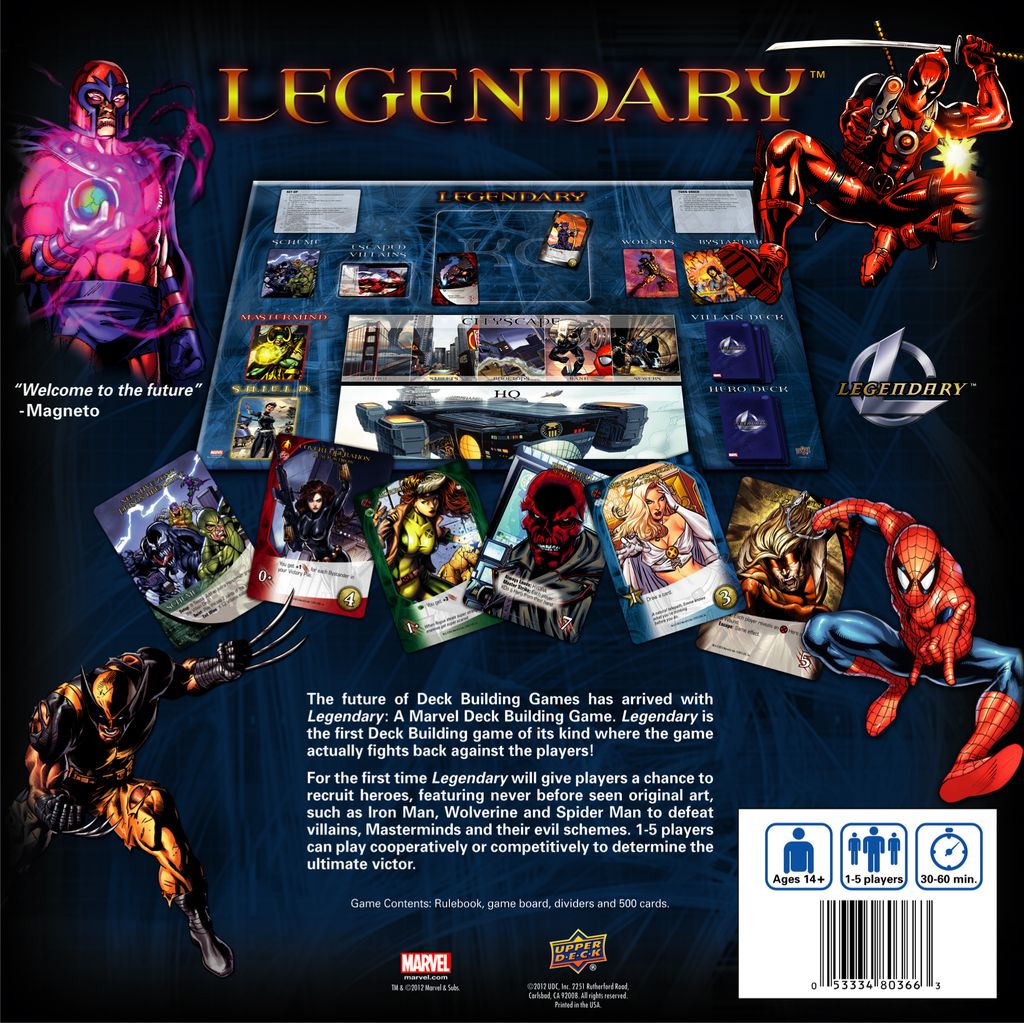 Box cover for Legendary: A Marvel Deck Building Game by Upper Deck Entertainment, shows Marvel heroes and villains, game cards, board, components, and dynamic artwork of Spider-Man, Wolverine, Iron Man, Magneto, and Hulk.