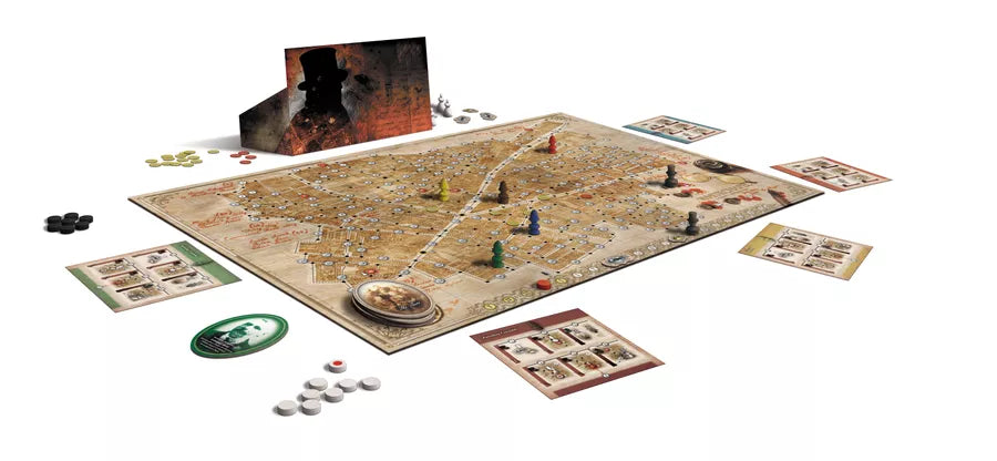 A Giochix Letters from Whitechapel board game set with a big map, pieces, cards, tokens, and a screen showing a top-hatted figure—ideal for fans of detective board games.