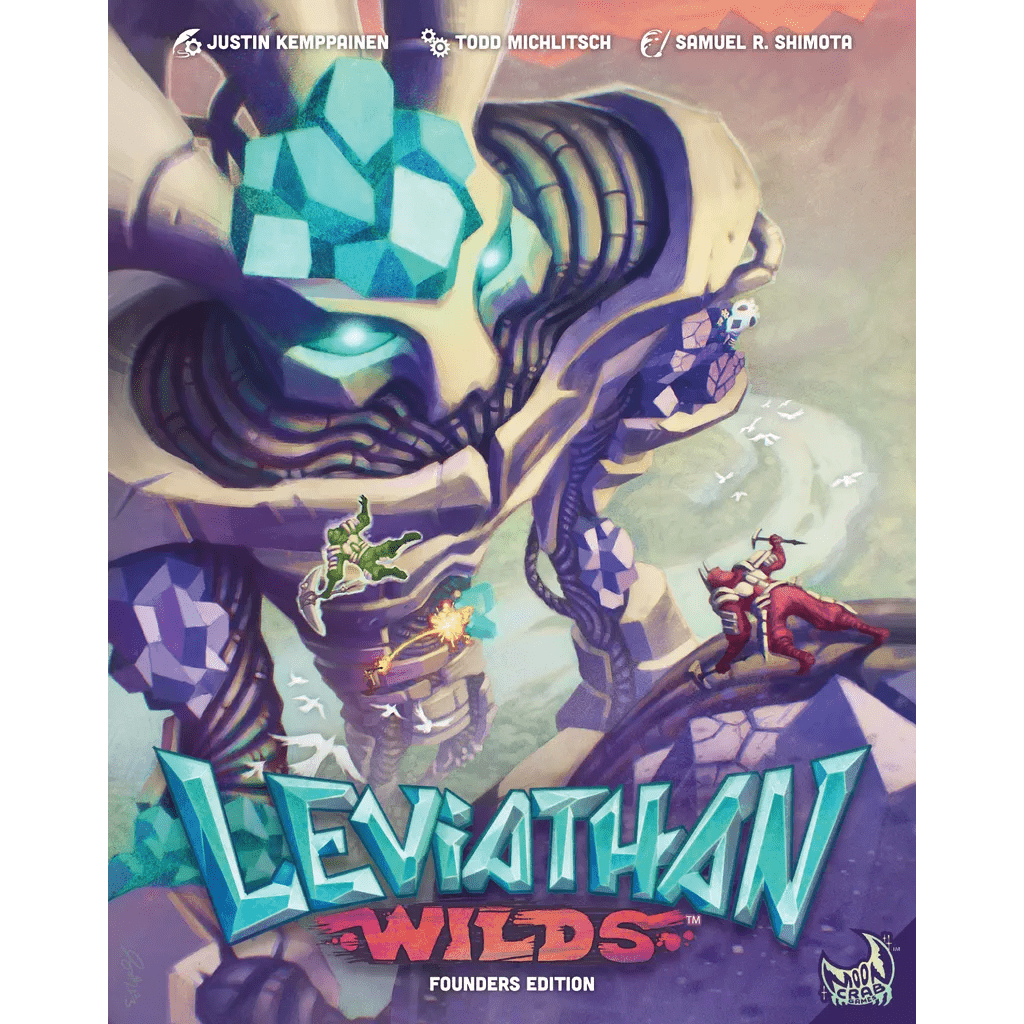 Illustrated cover of Leviathan Wilds (Founders Edition) Second Printing by Moon Crab Games, showing three armored heroes climbing a crystal-covered giant with glowing blue eyes. The cooperative adventure game title appears below, creator credits above.