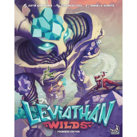 Illustrated cover of Leviathan Wilds (Founders Edition) Second Printing by Moon Crab Games, showing three armored heroes climbing a crystal-covered giant with glowing blue eyes. The cooperative adventure game title appears below, creator credits above.