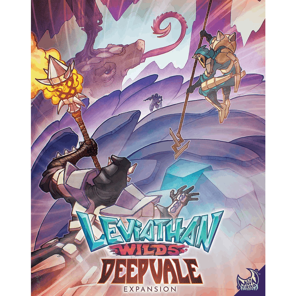 Comic-style art shows three armored adventurers scaling icy cliffs toward a cave with a huge clawed beast inside. Text: Leviathan Wilds: Deepvale Expansion by Moon Crab Games, featuring new leviathans to challenge in the Deepvale.