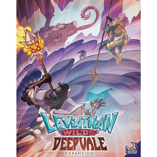 Comic-style art shows three armored adventurers scaling icy cliffs toward a cave with a huge clawed beast inside. Text: Leviathan Wilds: Deepvale Expansion by Moon Crab Games, featuring new leviathans to challenge in the Deepvale.