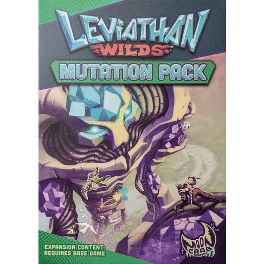 Cover art for Leviathan Wilds: Mutation Pack Expansion by Moon Crab Games shows climbers ascending a crystal-covered leviathan. Text states base game required. Moon Crab Games logo is displayed at the bottom.