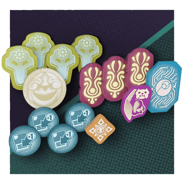 The Leviathan Wilds: Wooden Token Set by Moon Crab Games features assorted colorful tokens, including yellow-green clouds, a large smiling face, red ornate shapes, a blue digital chip, cat and “+1” tokens, plus an orange cross symbol.