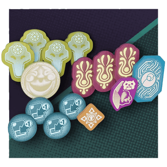 The Leviathan Wilds: Wooden Token Set by Moon Crab Games features assorted colorful tokens, including yellow-green clouds, a large smiling face, red ornate shapes, a blue digital chip, cat and “+1” tokens, plus an orange cross symbol.