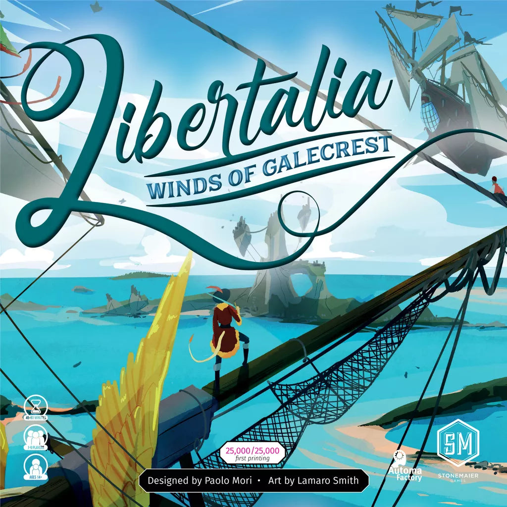 The illustrated cover of Libertalia: Winds of Galecrest by Stonemaier Games shows a red-cloaked pirate with a sword on a ship, gazing at flying ships above the sea—capturing the epic adventure of this sky pirate board game.