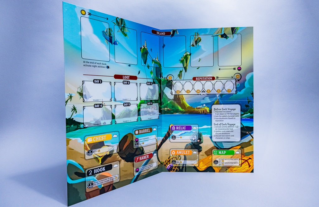 The Libertalia: Winds of Galecrest game board by Stonemaier Games features vibrant tropical island and sea graphics, labeled loot, reputation, relic, and map sections, treasure chests, plus clear game instructions on the right side.