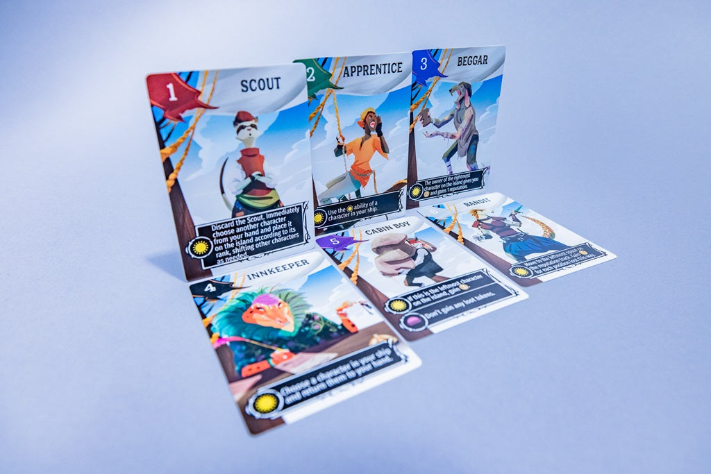 Five illustrated Libertalia: Winds of Galecrest cards by Stonemaier Games are displayed upright, each with unique colors and characters: Scout, Apprentice, Beggar (back row), and Innkeeper, Sailor (front row).