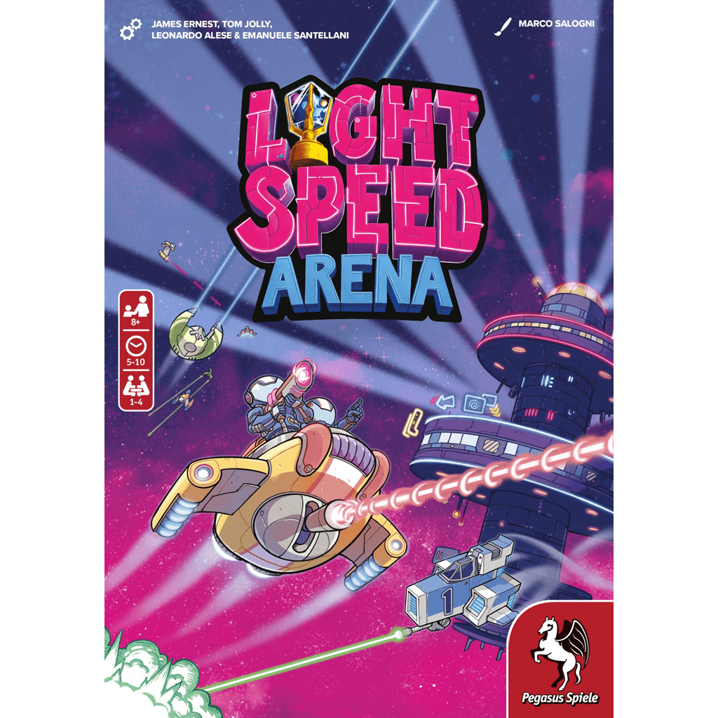 The Light Speed: Arena box features two spaceships laser-battling near a space station, the game’s title in bold pink, a trophy above "Light Speed", and Pegasus Spiele’s logo at the bottom right.