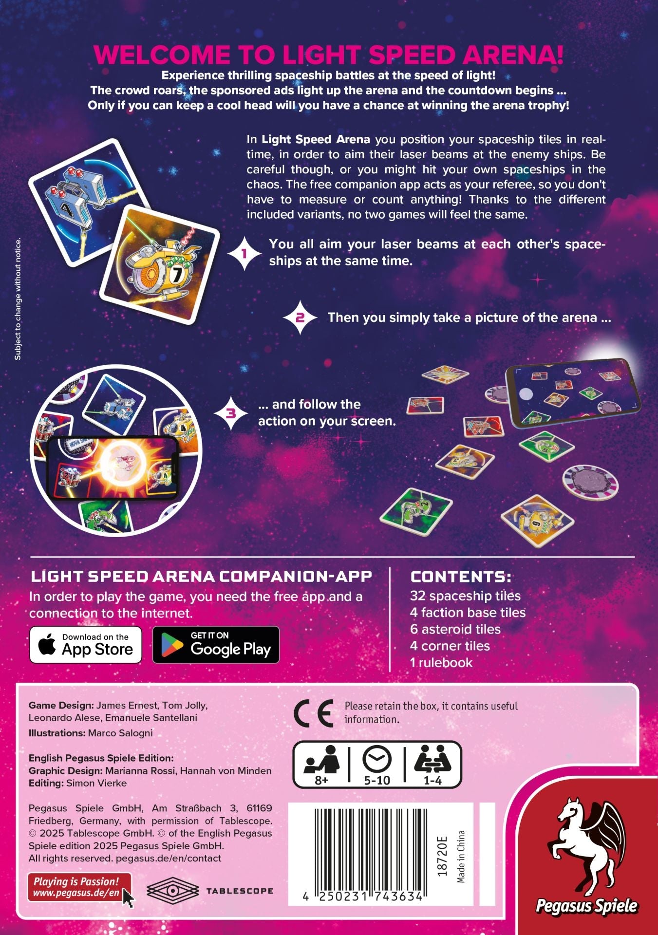 The Light Speed: Arena instruction sheet by Pegasus Spiele features spaceships, cards, tokens, a trophy on a cosmic background, explains real-time gameplay, includes app download info, and displays the Pegasus Spiele logo at the bottom.