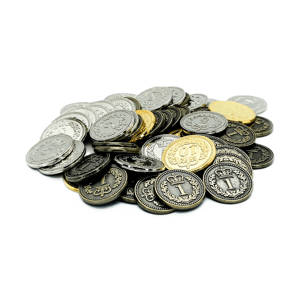 A pile of Eagle-Gryphon Games' Lisboa Metal Coins—silver, gold, and dark gray with embossed designs and numbers—ideal for board games, displayed on a plain white surface.