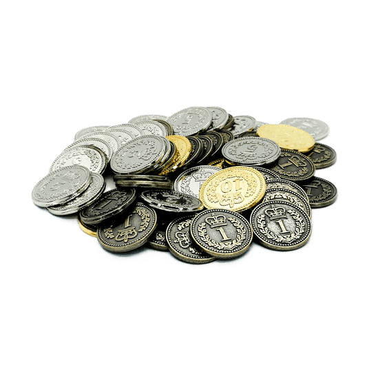A pile of Eagle-Gryphon Games' Lisboa Metal Coins—silver, gold, and dark gray with embossed designs and numbers—ideal for board games, displayed on a plain white surface.
