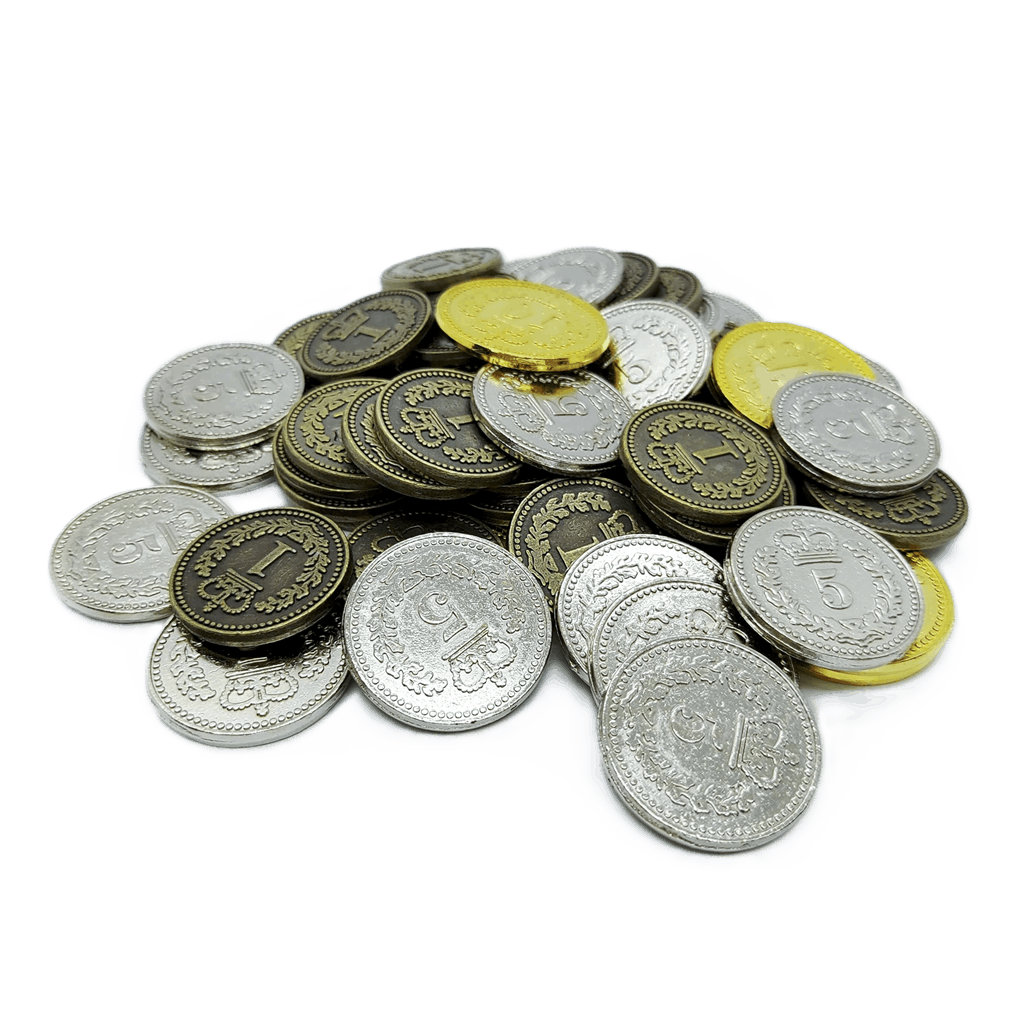 Lisboa Metal Coins by Eagle-Gryphon Games—metal coins in silver, gold, and bronze with unique values and patterns—are perfect as board game accessories. Shown scattered on a white surface.