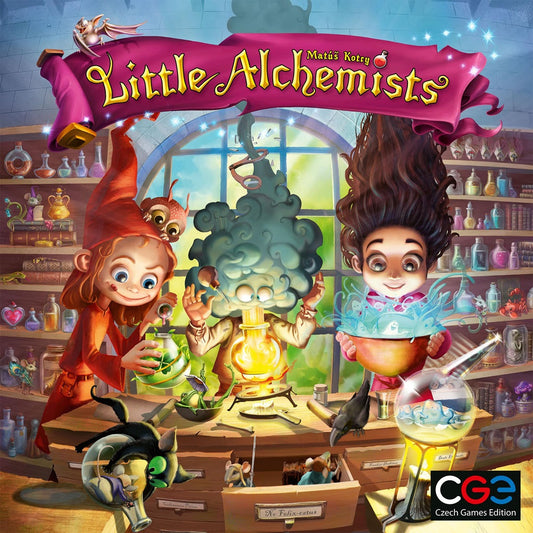 Three excited children in a colorful alchemy lab mix magical potions among bottles, books, and curious animals. Little Alchemists by Czech Games Edition (CGE) is a whimsical, family-friendly deduction game with a charming fantasy atmosphere.