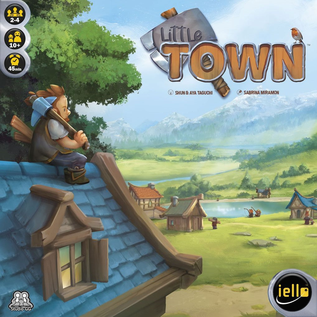 A cartoon villager with a pickaxe sits on a rooftop, overlooking fields, trees, and mountains—a perfect resource management scene from Little Town by Iello. The logo appears at the top with game details in the corners.