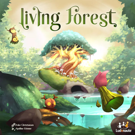 A magical forest scene with a glowing central tree, lush greenery, a calm pond, and whimsical animals sets the mood for Ludonaute’s Living Forest NL/FR—the title appears atop in stylized letters.