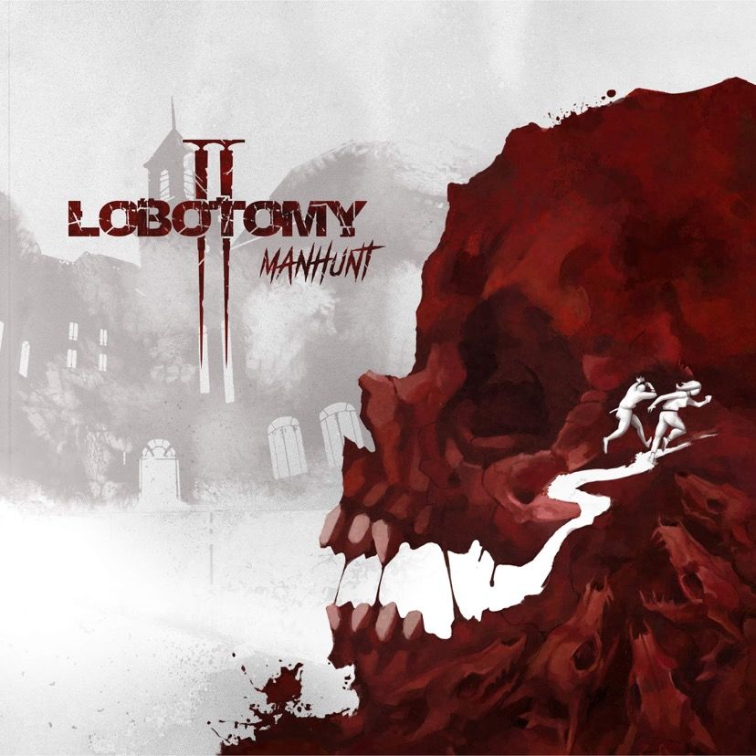 A dark, stylized image depicts two small figures climbing into a large red skull amid gray buildings, capturing the eerie mood of Lobotomy II: Manhunt by Titan Forge Games—a cooperative survival horror board game set in a mental asylum.