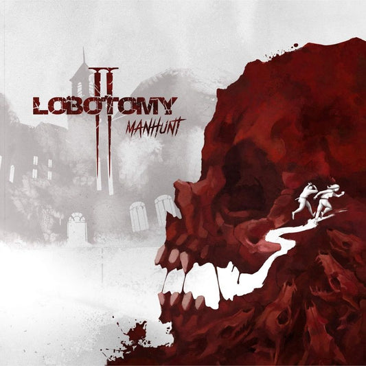 A dark, stylized image depicts two small figures climbing into a large red skull amid gray buildings, capturing the eerie mood of Lobotomy II: Manhunt by Titan Forge Games—a cooperative survival horror board game set in a mental asylum.
