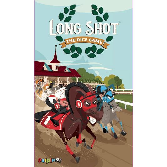 Illustrated cover of Long Shot: The Dice Game by Perplext, a horse racing board game with animated horses on a track, lively crowd, grandstand, and the title above framed by green laurel leaves in this push-your-luck adventure.