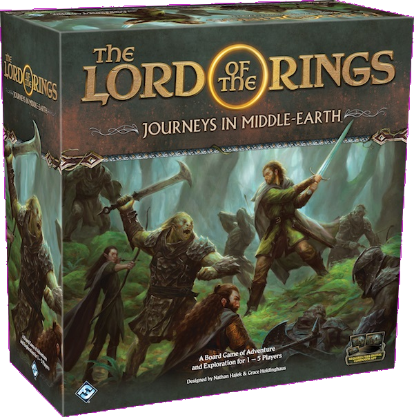 Box cover of The Lord of the Rings: Journeys in Middle-Earth by Fantasy Flight Games, showing fantasy characters with weapons in a forest. The title and cooperative board game details appear on the box.