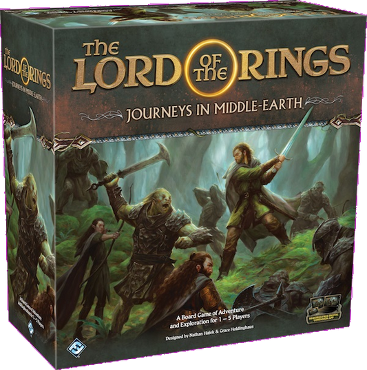 Box cover of The Lord of the Rings: Journeys in Middle-Earth by Fantasy Flight Games, showing fantasy characters with weapons in a forest. The title and cooperative board game details appear on the box.