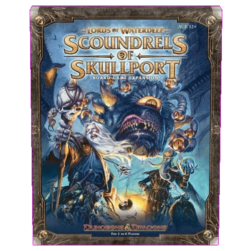 The box cover art for Wizards of the Coast’s Lords of Waterdeep: Scoundrels of Skullport Expansion shows fantasy adventurers confronting a monstrous creature in a mysterious underground setting.