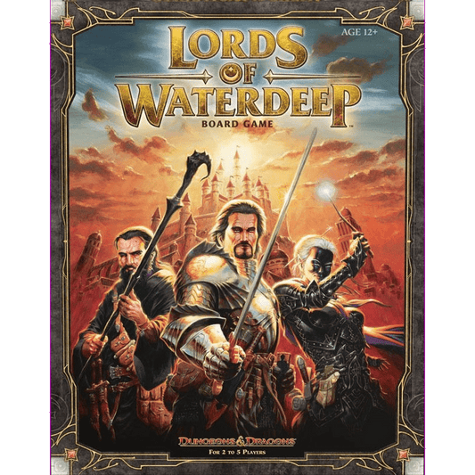 The cover of Lords of Waterdeep by Wizards of the Coast features three fantasy-clad adventurers with weapons, standing before a grand city, set in the Forgotten Realms, under the game's bold golden title.