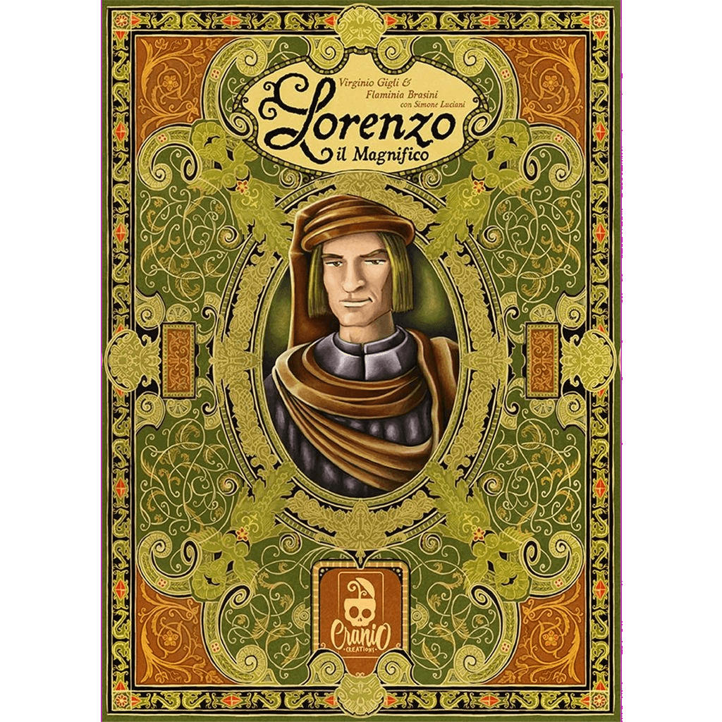 The Lorenzo il Magnifico board game's cover by Cool Mini Or Not showcases a stylized Renaissance man framed by intricate gold, green, and orange designs.