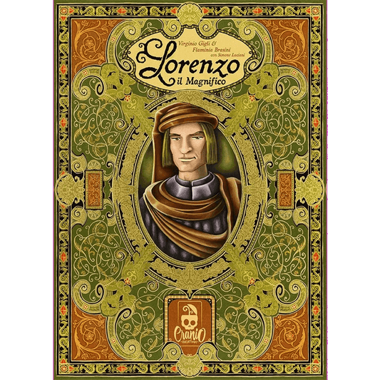 The Lorenzo il Magnifico board game's cover by Cool Mini Or Not showcases a stylized Renaissance man framed by intricate gold, green, and orange designs.