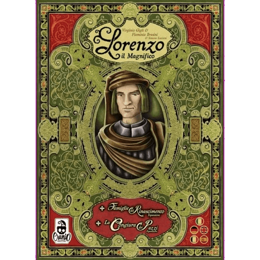 Ornate cover for Cranio Creations’ Lorenzo il Magnifico Big Box (Multilingual), showcasing a Renaissance portrait and intricate green, gold, and red patterns—ideal for collectors and storing expansions of this popular board game.
