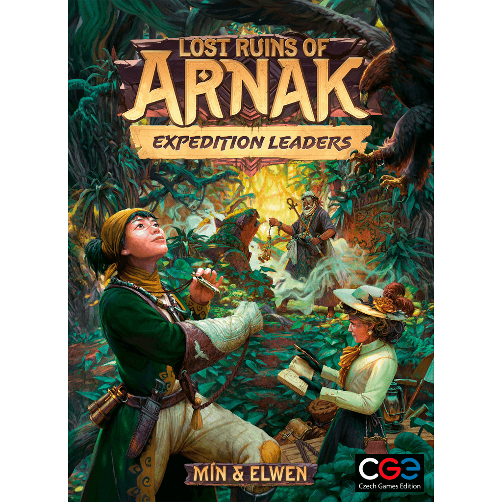 The cover of Lost Ruins of Arnak: Expedition Leaders Expansion by Czech Games Edition (CGE) features two explorers in a jungle, one with a notebook and another with a compass, reflecting the game's adventurous strategy theme.