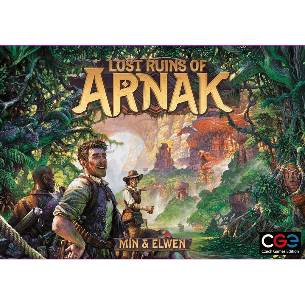 Three explorers stand in a lush jungle with ancient ruins behind them. The title Lost Ruins of Arnak, a deck-building game from Czech Games Edition (CGE), appears at the top, with creators Min & Elwen and the CGE logo at the bottom right.