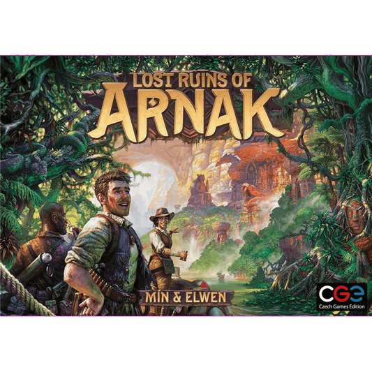 Three explorers stand in a lush jungle with ancient ruins behind them. The title Lost Ruins of Arnak, a deck-building game from Czech Games Edition (CGE), appears at the top, with creators Min & Elwen and the CGE logo at the bottom right.