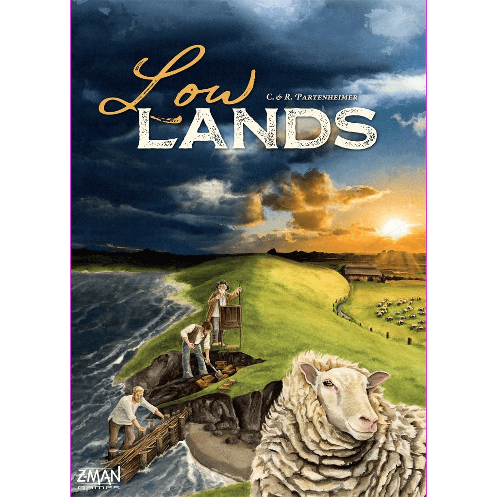 The cover of Lowlands by Z-Man Games features a large sheep, people building dikes on the coast, grazing sheep in fields, and a striking sunset sky with clouds in the background.
