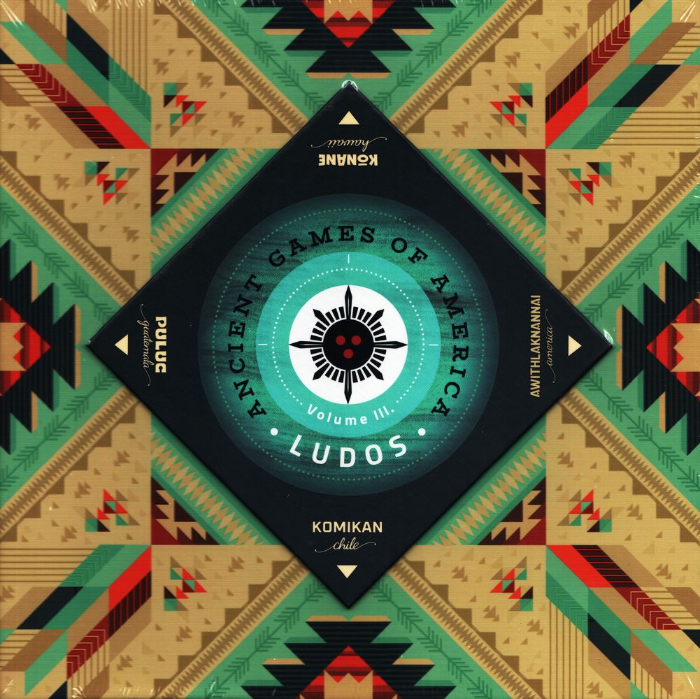 The Ludos: Ancient Games of America board by Lemery Games features a central circular emblem on a diamond-shaped black background, highlighted by a vibrant geometric pattern inspired by Native American designs.