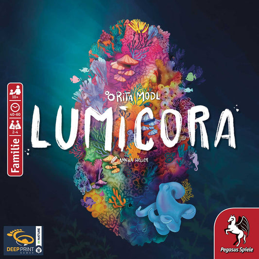 A vibrant underwater coral reef with fish, sea plants, and an octopus serves as the backdrop for Lumicora, with its title in large white letters. Family info, player count, and Pegasus Spiele logos appear on the sides.