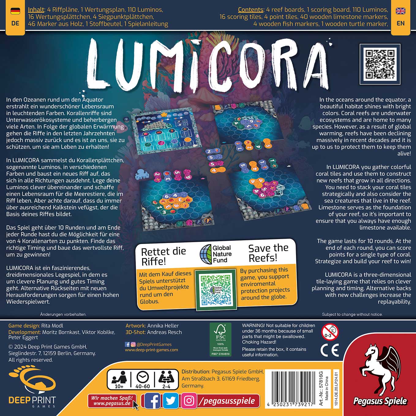 The back of the Lumicora board game box by Pegasus Spiele displays tile-laying game components, setup, and a bilingual (German/English) description, along with vibrant coral reef artwork, icons, company logos, and player details.