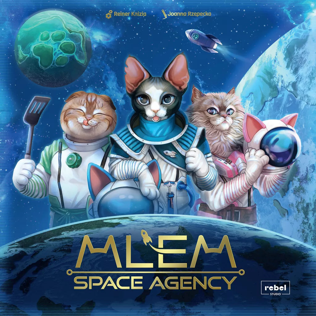 Four cats in astronaut suits stand before a blue planet, ready for a cosmic adventure. A spaceship and paw-shaped moon float nearby. "MLEM: Space Agency" by Rebel appears in bold at the bottom.