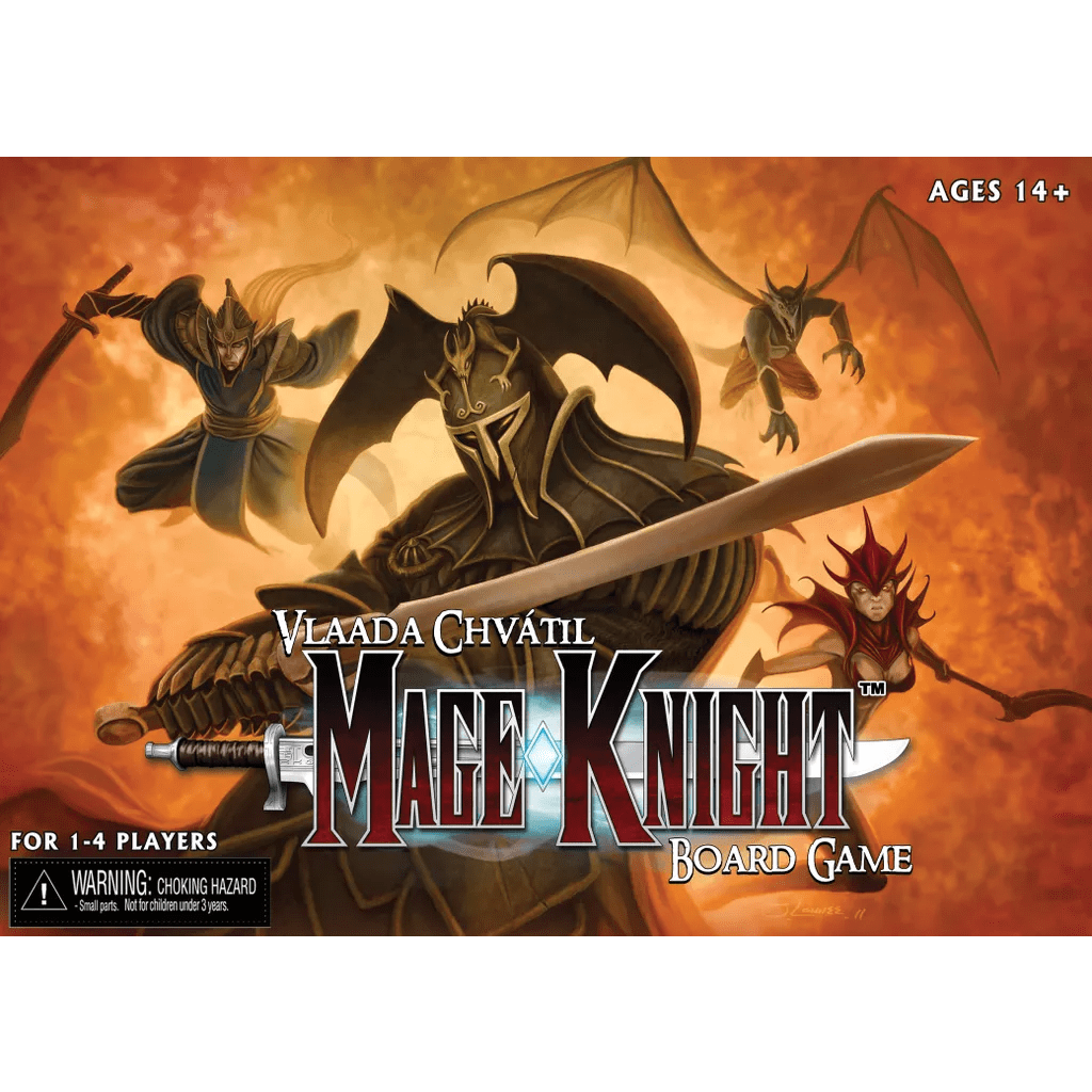Box cover for Mage Knight Board Game by Wizkids, an epic RPG board game with three armored fantasy characters wielding swords and magic on a fiery orange background. Title and creator's names are displayed. For ages 14+.