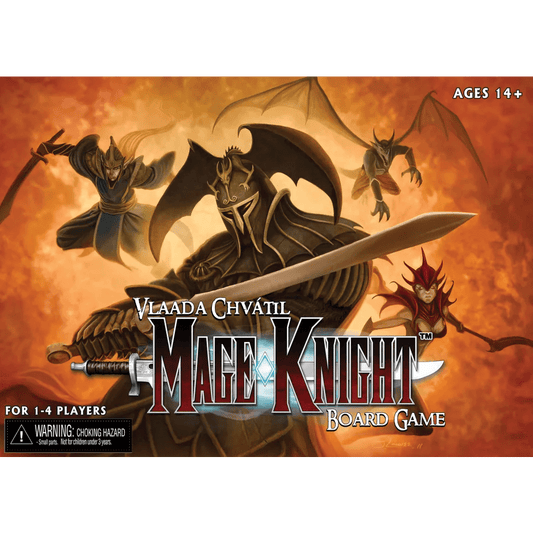 Box cover for Mage Knight Board Game by Wizkids, an epic RPG board game with three armored fantasy characters wielding swords and magic on a fiery orange background. Title and creator's names are displayed. For ages 14+.