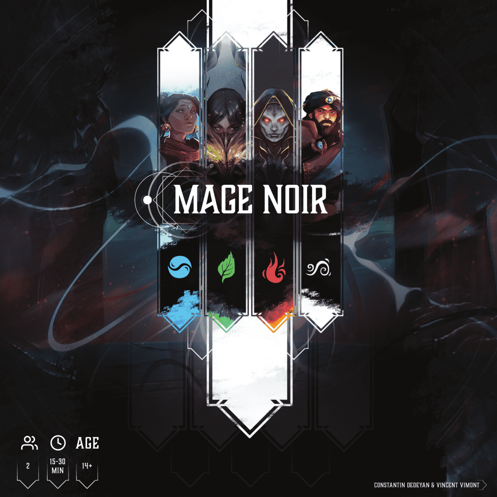 Mage Noir box cover by Double Combo Games: a spell crafting card game for 2 players (ages 14+), with a shared mana pool and 15–30 min playtime. Features four mages with elemental symbols on a dark mystical background.