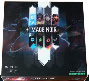 The Mage Noir Kickstarter Edition box by Double Combo Games displays fantasy characters, four elemental icons, and the logo on a dark, mystical background—highlighting its unique shared Mana pool concept.