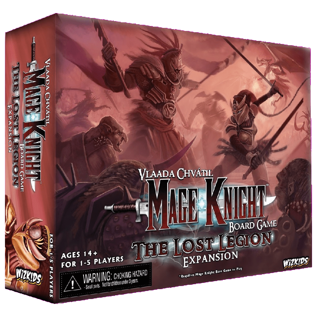 The image shows the box for Mage Knight Board Game: The Lost Legion by WizKids, featuring General Volkare in battle amid fantasy art. Suitable for ages 14+, 1–5 players.